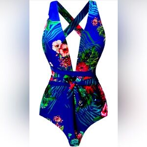 Women’s Deep V-Neck Criss Cross Swimsuit- Floral
